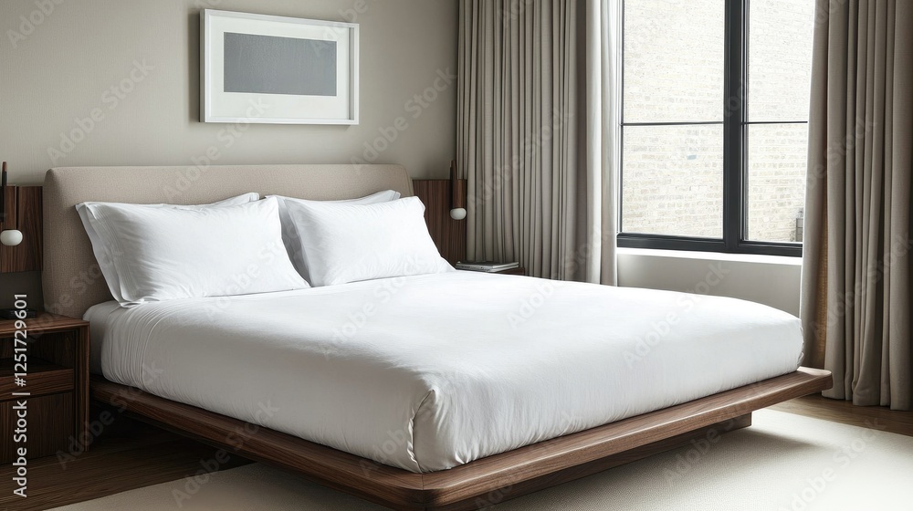 Fototapeta premium An elegant bedroom with a low-profile bed, crisp white linens, and minimal decor, featuring a large window that lets in soft, natural light.