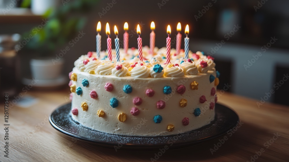 A decorated birthday cake with candles, ready for celebration. A decorated birthday cake with candles, ready for celebration.