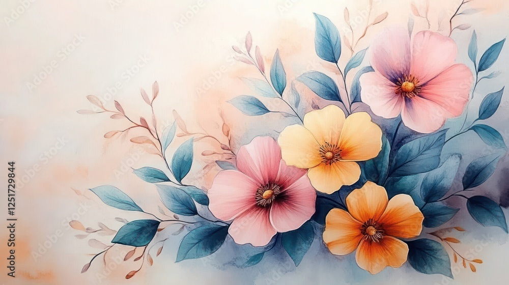 Fototapeta premium Watercolor Floral Bouquet Collection with Pink Yellow Flowers and Greenery for Wedding Stationery and Wallpapers