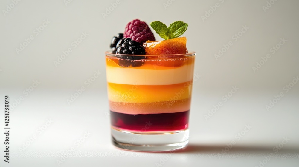 An elegant image of a layered jelly dessert in a clear glass, featuring multiple colors and textures, with a focus on the clean, crisp presentation against a white backdrop. An elegant image of a layered jelly dessert in a clear glass, featuring multiple colors and textures, with a focus on the clean, crisp presentation against a white backdrop.