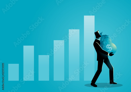 Businessman lifting heavy money bags with an upward trending graph in the background, symbolizing financial growth, success, and economic achievement. Ideal for business and investment