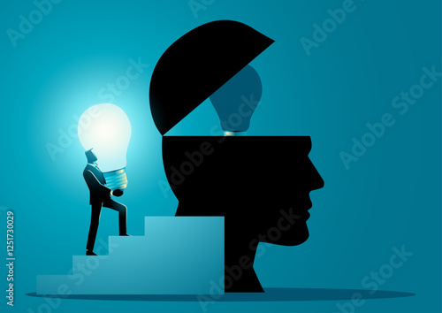 Businessman carrying a glowing light bulb to replace a dead one inside a human head. Symbolizing fresh ideas, innovation, mentorship, creative thinking, problem solving, and knowledge sharing