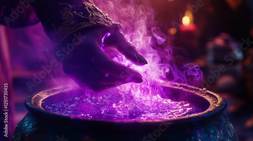 A close-up of a witchâs hand stirring a bubbling cauldron, emitting eerie purple smoke photo