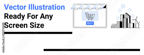 Online shopping storefront with cart button, modern buildings, and technology icons. Ideal for e-commerce, online business, digital innovation, urban planning, retail, tech startups flat landing