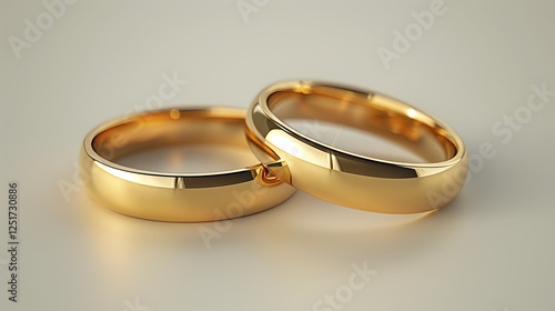 Golden Wedding Rings on white reflective background. 3D Rendering
