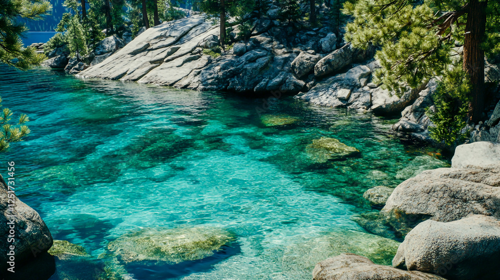 Fototapeta premium Scenic cove at Lake Tahoe with crystal-clear aqua blue waters, surrounded by majestic pine trees and smooth granite boulders
