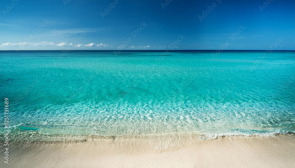 Obraz premium panaromic picture of beach with blue and green toned crystal clear sea and sand as a luxurious summer season excursion historical past or backdrop