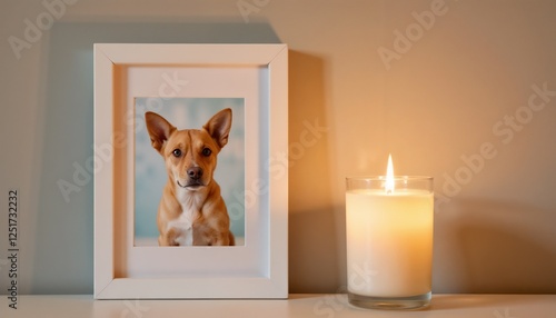Framed photo of a beloved dog next to a lit candle in a memorial setting, tribute to pets, copy space
