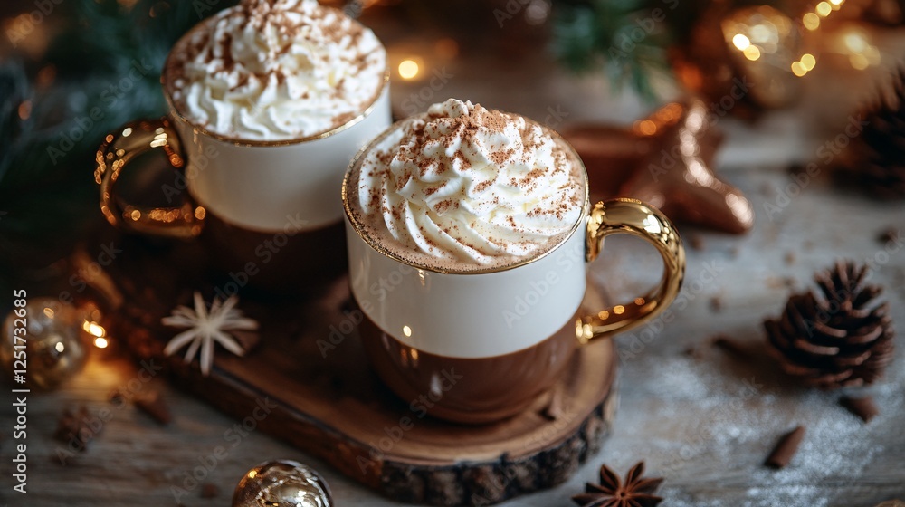 Two festive mugs filled with hot chocolate and topped with whipped cream sit on a wooden tray, surrounded by holiday decorations and pinecones. Two festive mugs filled with hot chocolate and topped with whipped cream sit on a wooden tray, surrounded by holiday decorations and pinecones.