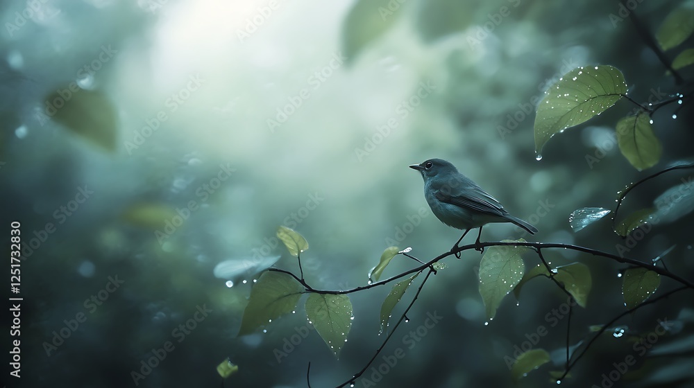Serene Bird Perched On Dew Kissed Branch In Misty Forest Serene Bird Perched On Dew Kissed Branch In Misty Forest