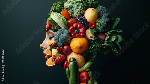 Wallpaper Mural A creative art piece featuring a woman's silhouette adorned with various fresh fruits and vegetables, symbolizing health and nature. Torontodigital.ca