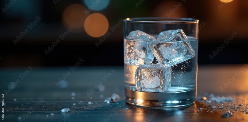 Crystal glass of vodka, ice cubes, dark wood table, intoxicating, beverage, cold Crystal glass of vodka, ice cubes, dark wood table, intoxicating, beverage, cold