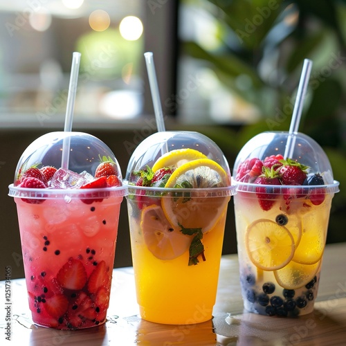 Refreshing summer drinks! Three colorful beverages with fresh fruit, perfect for a hot day.