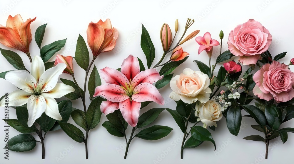 Obraz premium Vibrant Floral Arrangement of Lilies and Roses with Green Leaves Isolated on White Natural Light Spring Bouquet Decoration