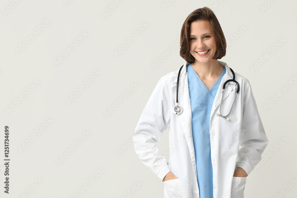 Happy female doctor with stethoscope on white background Happy female doctor with stethoscope on white background