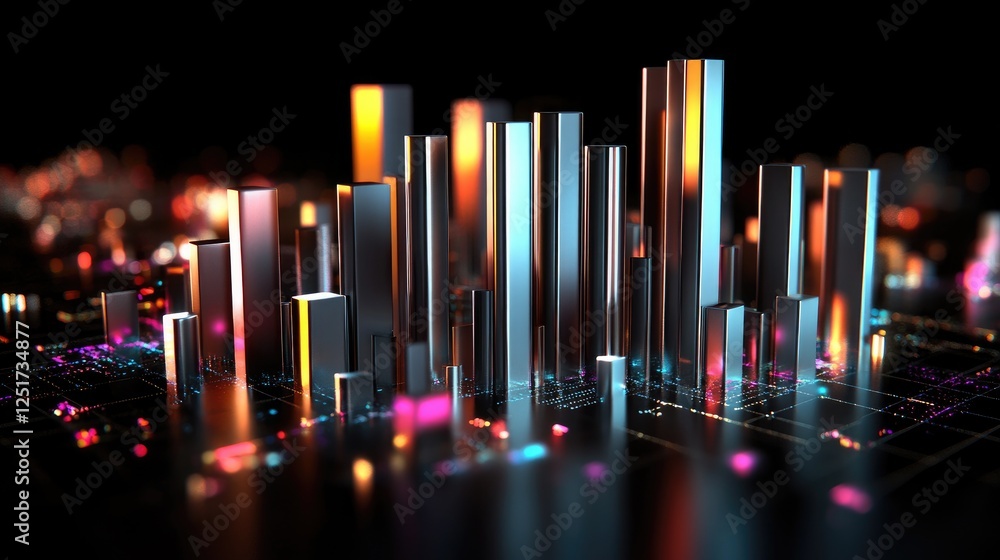 Obraz premium A D bar graph with metallic bars representing financial growth, set against a dark background with glowing data points and futuristic visual elements for impact.