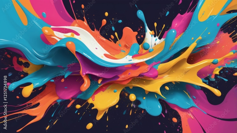 Obraz premium A dynamic explosion of colorful paint splashes in blue, pink, yellow, and orange, creating a bold and artistic abstract design. 