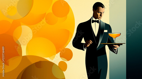 Elegant Waiter Serving Cocktail in Luxurious 1920s Interior