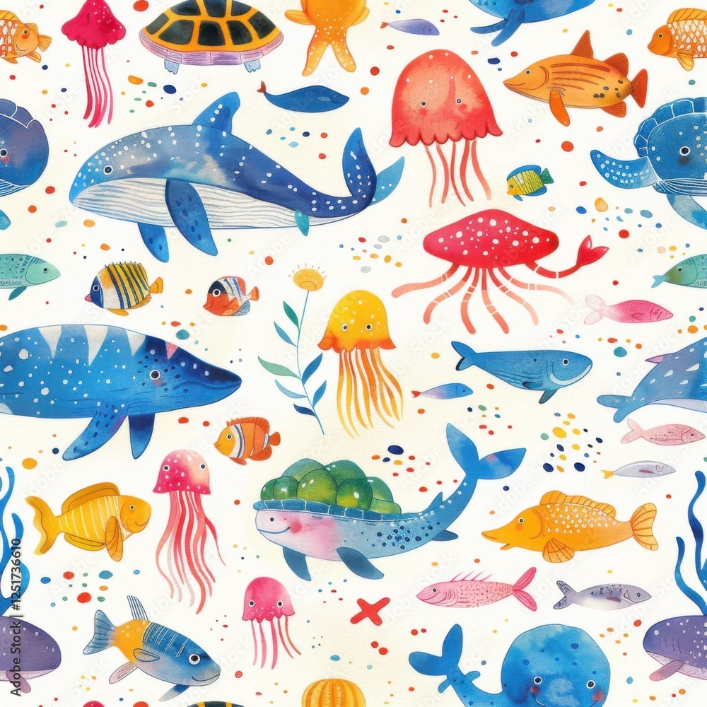 Naklejka premium Colorful Underwater Creatures Pattern Design