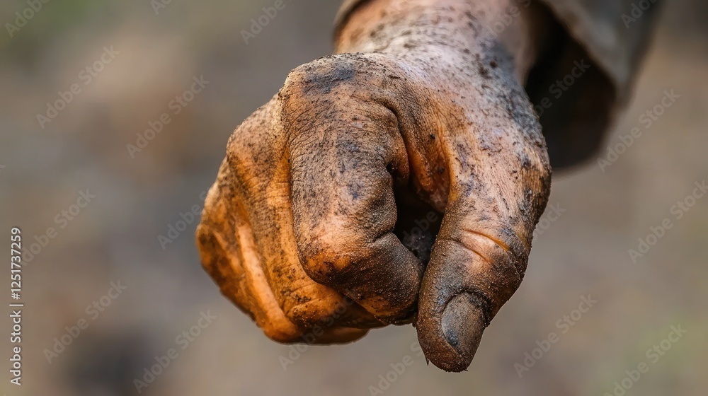 Dirty hand, forest background, close-up, soil, work Dirty hand, forest background, close-up, soil, work