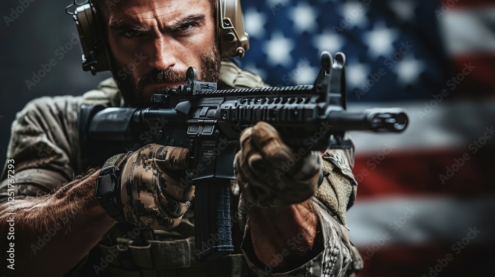 Fototapeta premium Soldier aiming machine gun with national flag backdrop in dramatic close-up setting