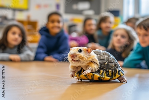 A friendly classroom pet, like a hamster or turtle, as students gather around to observe and learn.