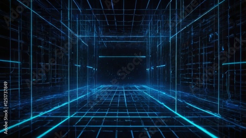 Abstract 3D digital grid with glowing blue neon lines forming a futuristic virtual space, evoking a high-tech and sci-fi atmosphere.

