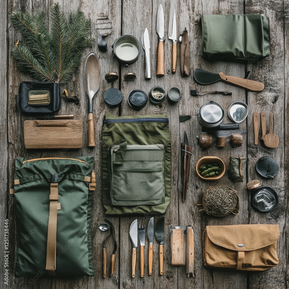 Eco friendly camping tools and travel solutions arranged on wooden surface Eco friendly camping tools and travel solutions arranged on wooden surface