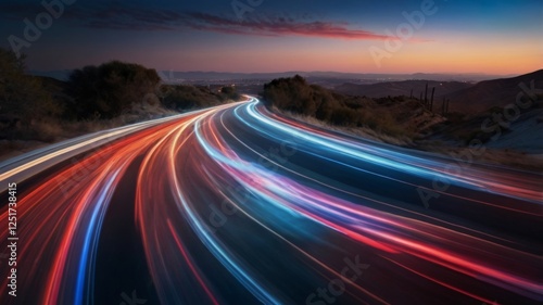Long-exposure photo of colorful car light trails on a curving road, set against a scenic sunset and evening sky backdrop.
