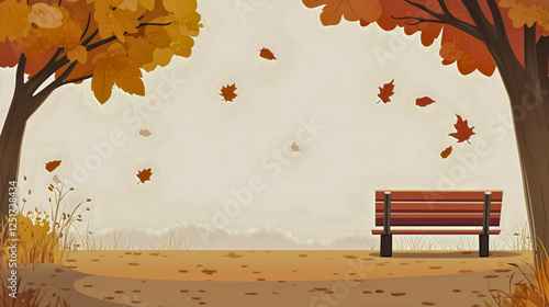 Peaceful Autumn Background with Empty Park Bench and Falling Leaves Illustration