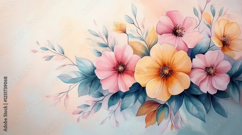 Obraz premium Wedding Inspired Watercolor Floral Bouquet Collection with Pink Yellow Blue Flowers Green Leaves for Stationery and Wallpaper Design