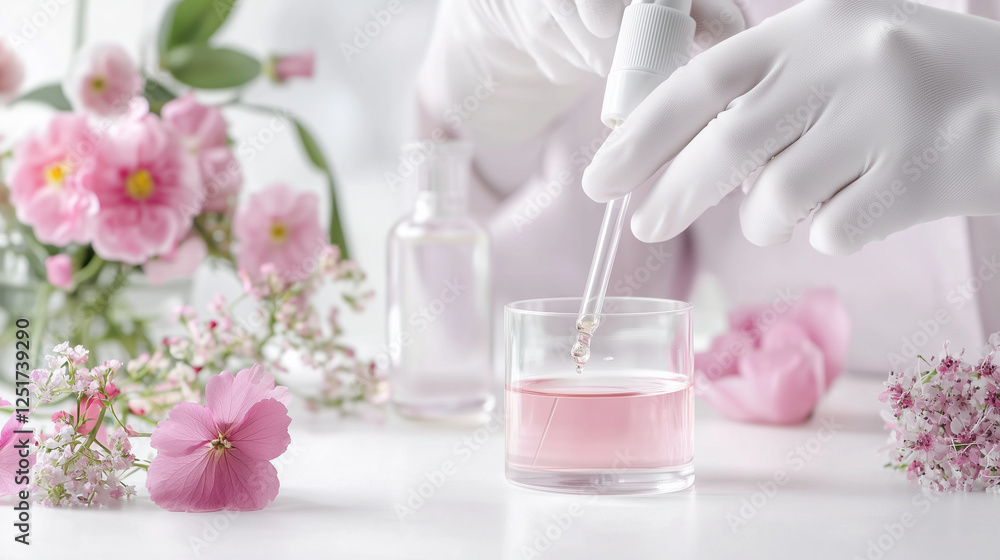 Elegant Perfumer Mixing Essential Oils in Pastel Setting Elegant Perfumer Mixing Essential Oils in Pastel Setting
