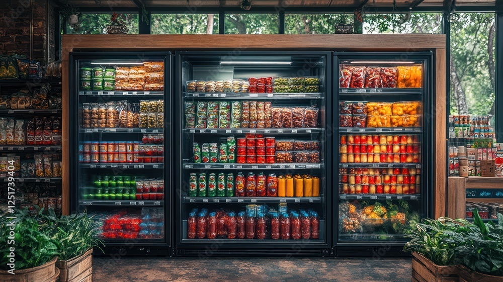 custom made wallpaper toronto digitalGrocery store refrigerated shelves, snacks, drinks, produce, rustic setting, retail display