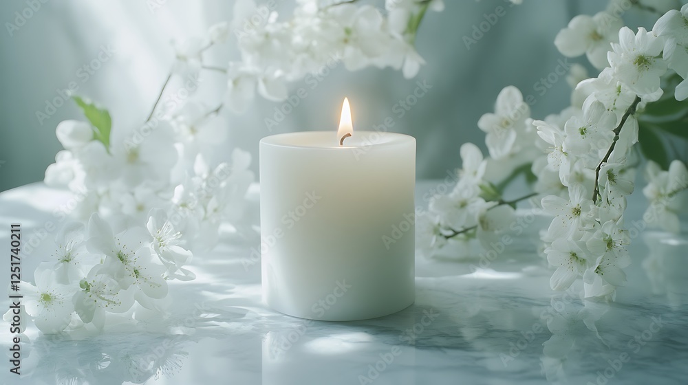 White Candle Lit Amidst Delicate White Blossoms White Candle Lit Amidst Delicate White Blossoms
