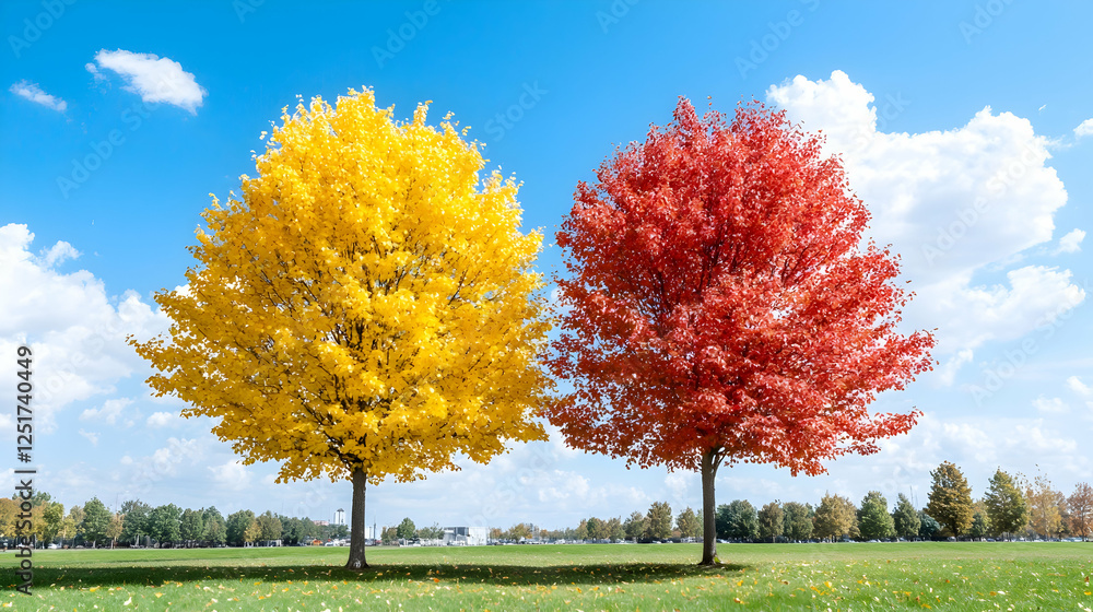 Two autumn trees, yellow and red, park landscape, sunny day, nature photography Two autumn trees, yellow and red, park landscape, sunny day, nature photography