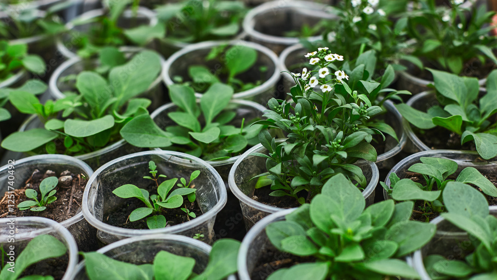 Young plants grow in small containers within a greenhouse, showcasing vibrant greenery and blooming flowers Young plants grow in small containers within a greenhouse, showcasing vibrant greenery and blooming flowers