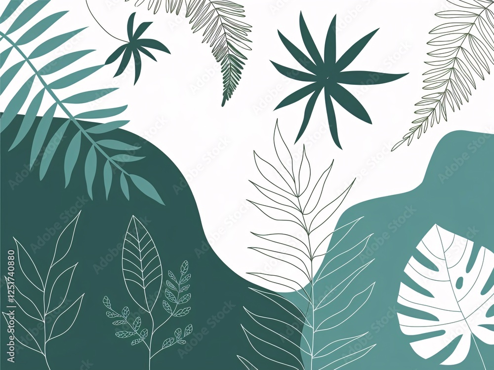 Fototapeta premium Abstract Green Botanical Leaves Illustration with Various Plant Patterns and Shapes