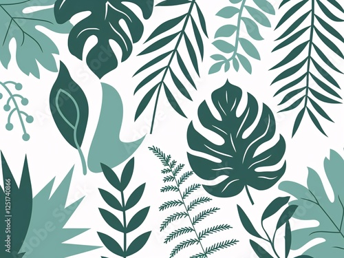 Tropical Leaf Pattern Illustration Featuring Various Green Foliage Designs on Light Background