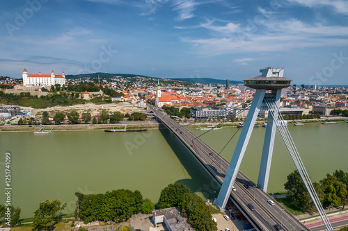 Aerial view of the Bratislava cityscape, Slovakia. UFO tower observation deck photo