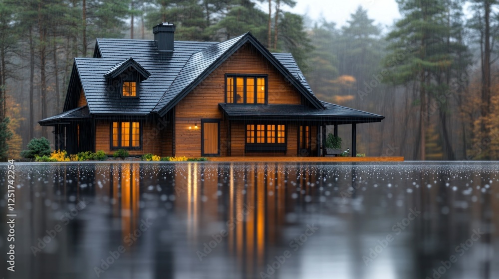 Rainy autumn house reflection, forest, real estate Rainy autumn house reflection, forest, real estate
