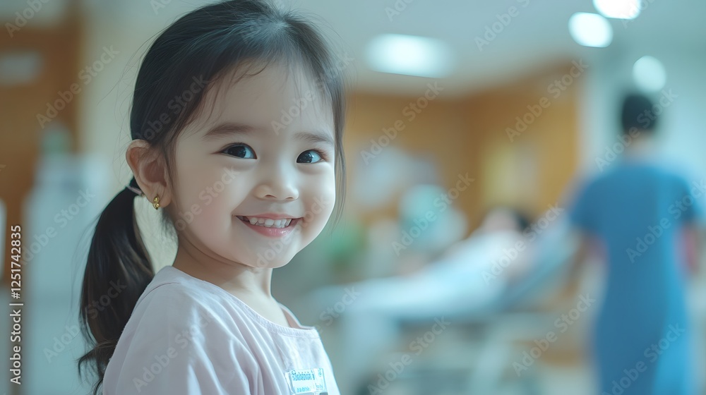 Smiling Child Patient in Hospital with Blurred Background for Health Insurance Ad Smiling Child Patient in Hospital with Blurred Background for Health Insurance Ad