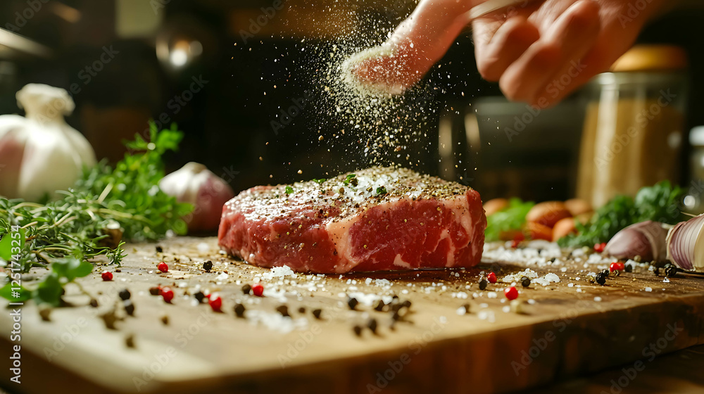 Freshly Seasoned Steak on Wooden Cutting Board with Herbs and Spices Freshly Seasoned Steak on Wooden Cutting Board with Herbs and Spices