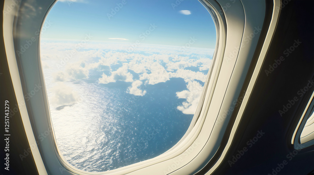 Breathtaking Aerial View from Airplane Window - Flying Above Clouds and Blue Sky Breathtaking Aerial View from Airplane Window - Flying Above Clouds and Blue Sky
