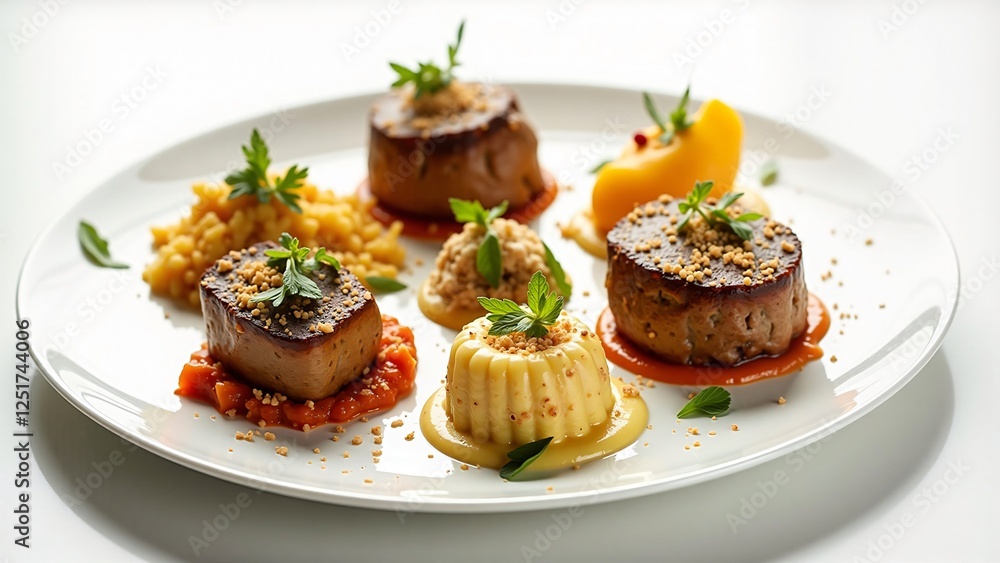 Gourmet Vegan Meal Plant-Based Pat� with Risotto and Custard Gourmet Vegan Meal Plant-Based Pat� with Risotto and Custard