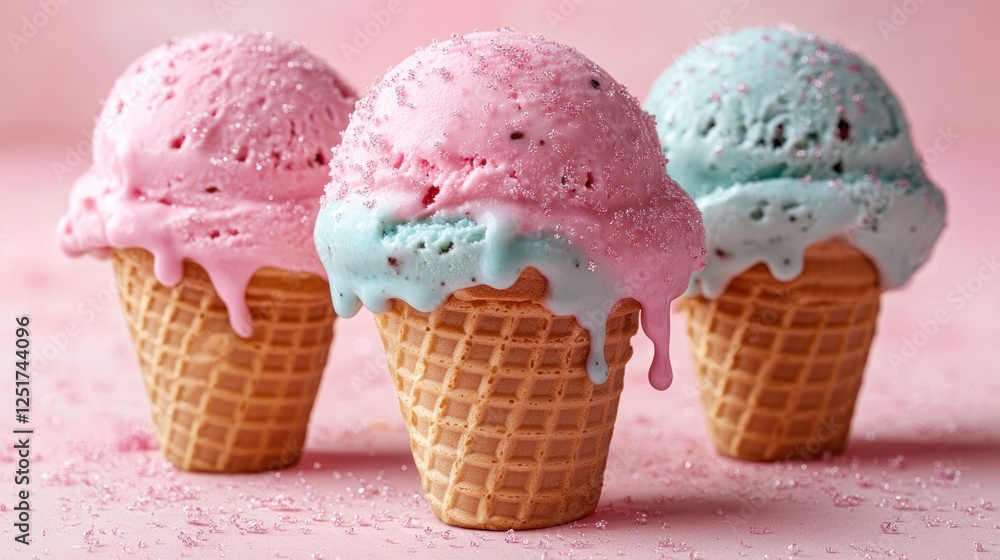 Melting ice cream cones, pink background, sprinkles, dessert Melting ice cream cones, pink background, sprinkles, dessert