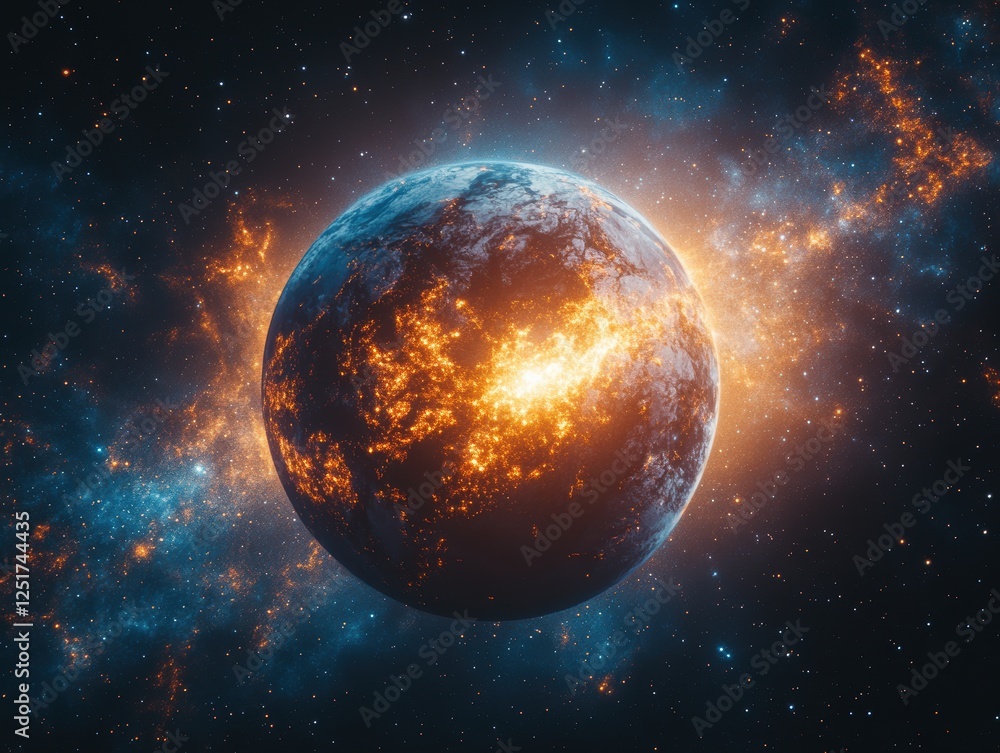 A vibrant planet surrounded by cosmic elements, showcasing a fiery glow. A vibrant planet surrounded by cosmic elements, showcasing a fiery glow.