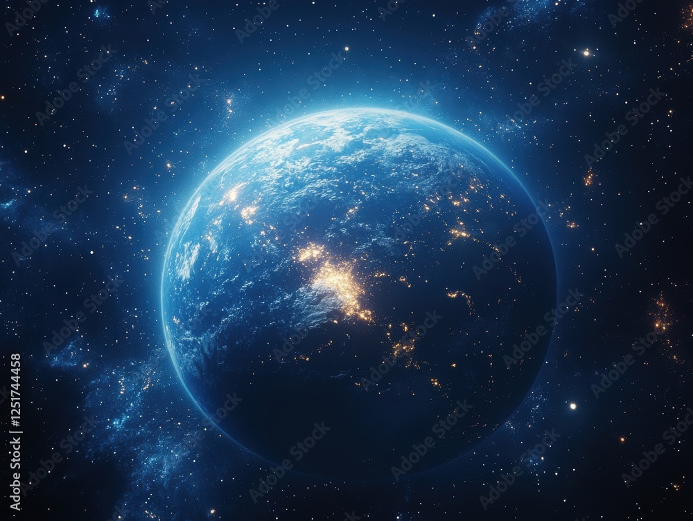 Fototapeta premium A glowing Earth surrounded by stars in a cosmic setting.