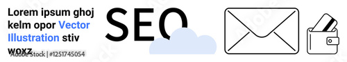 Bold SEO text beside a blue cloud, an outlined email envelope, and wallet icon with cards. Ideal for digital marketing, online business, communication, web development, SEO strategies, financial