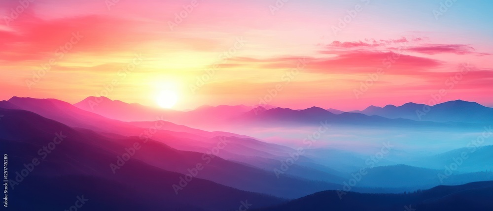 Obraz premium Serene Sunrise Landscape with Rolling Hills and Misty Atmosphere for Nature Lovers and Adventurers