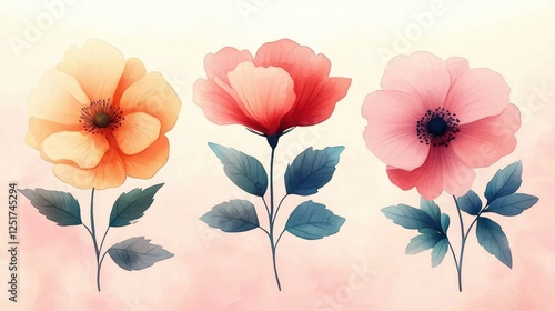 Wallpaper Mural Floral Illustration Set with Peony Magnolia Poppy and Exotic Leaves on Soft Pastel Background Torontodigital.ca